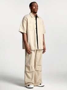 Manfinity VCAY 男士抽绳腰时尚休闲阔腿宽松梭织裤 - 卡其色 - 查看 6