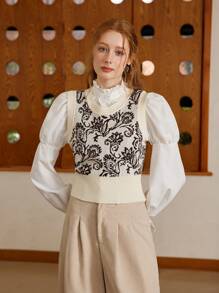 SHEIN MOD Chaleco de punto sin mangas con estampado floral para mujer, chaleco de punto vintage marrón con cuello redondo, chaleco de punto para mujer