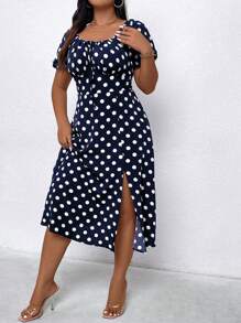 SHEIN Clasi Váy ngắn tay in họa tiết chấm bi cỡ lớn dành cho nữ - Màu xanh hải quân - Xem 3