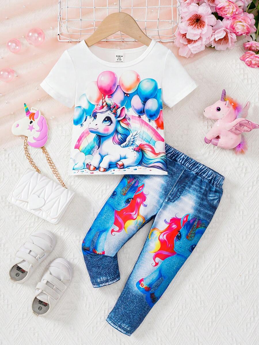 Bộ 2 món/bộ áo thun tay ngắn in hình kỳ lân và bóng bay dễ thương cho bé gái và quần denim, mùa xuân hè - trắng - Xem 1