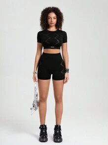 SHEIN Sports 女士纯色简约休闲短袖短裤运动套装健身女士套装 - 黑色 - 查看 3