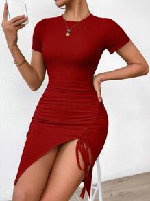 Rafferiza Đầm thanh lịch cổ tròn tay ngắn bó sát xếp nếp thắt eo cho nữ trang phục năm mới - Đỏ - Xem 4