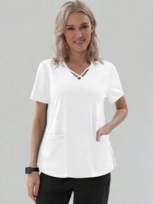 TaskEZ Women Scrub Uniforms Top 4-Pocket Crisscross Scrub Uniform Top