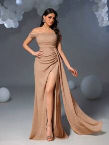 Faeriesty 闪亮露肩侧垂褶正式礼服，适合婚礼、优雅春季派对 - 香檳色 - 查看 5