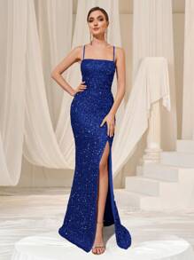 Faeriesty Váy đuôi cá hở lưng đính sequin thanh lịch với đường xẻ tà ấn tượng và dây đeo mảnh – Đầm lấp lánh cho sự quyến rũ trên thảm đỏ và tiệc tối sang trọng - Xanh đậm - Xem 8