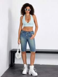 SHEIN EZwear Quần denim dài đến đầu gối một hàng khuy dành cho nữ, mùa hè - Rửa trung bình - Xem 4