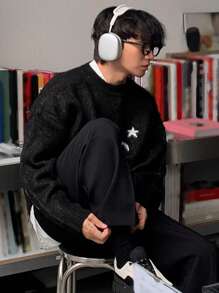 DAZY 男士圆领长袖五角星图案宽松舒适毛衣，秋季 - 黑色 - 查看 4
