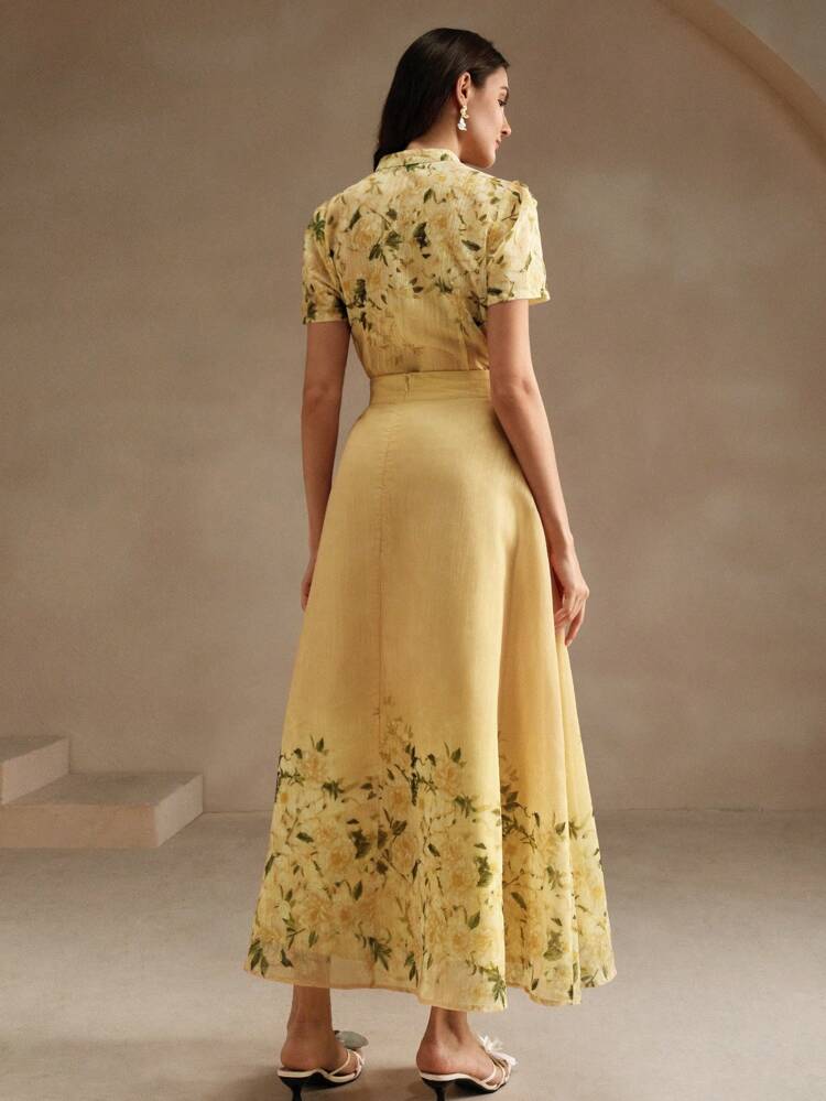 2pcs Women Romantic Floral Print Round Neck Puff Sleeve Blouse & Bodycon Skirt Suit For Holiday