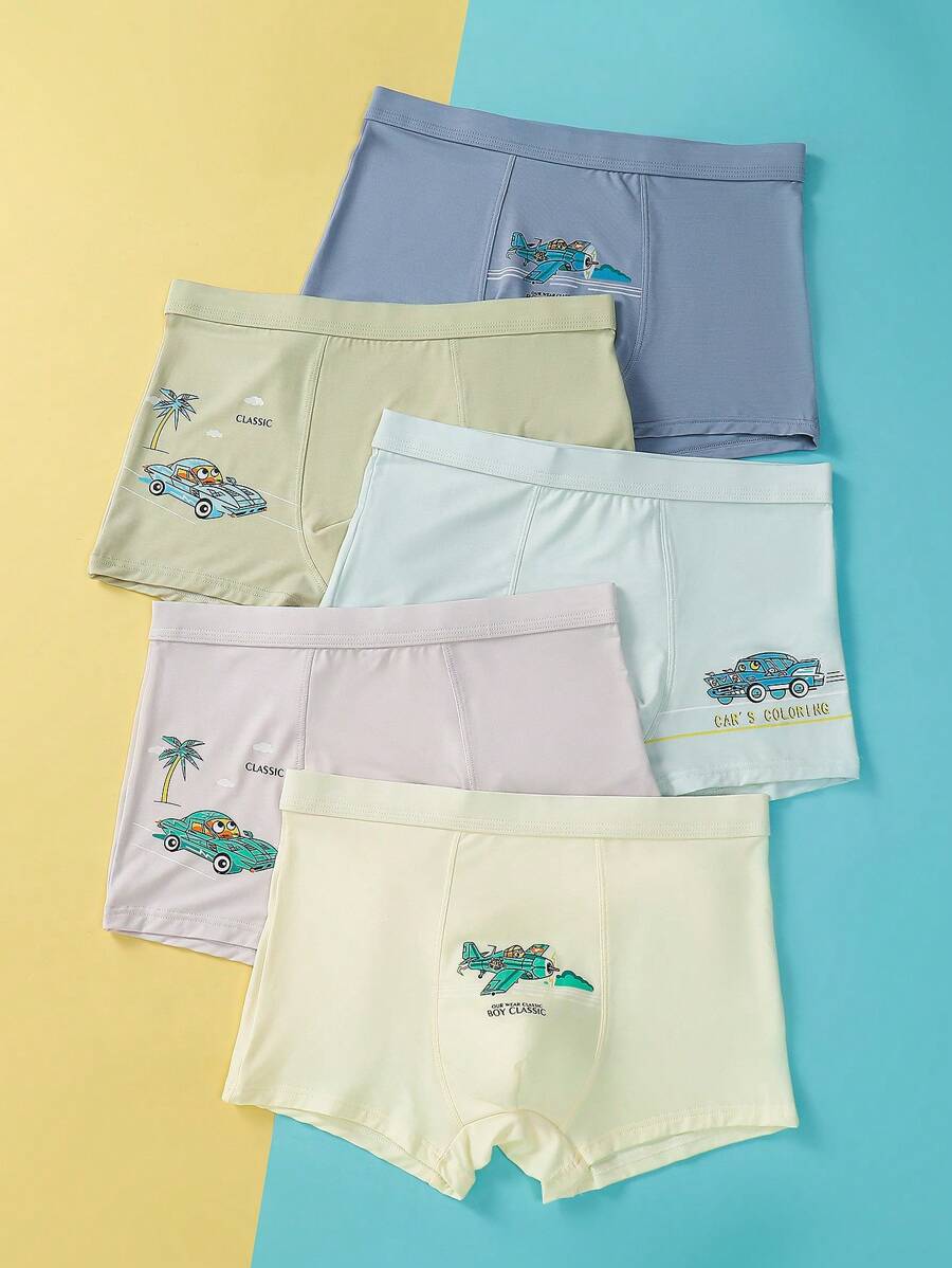5pcs/Pack Tween Boys Cartoon Printed Breathable Comfy Boxer Briefs - Multicolor - View 1