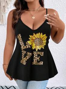 SHEIN LUNE Plus Leopard & Sunflower Print Cami Top