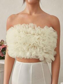 L'Amorae 优雅纯色多层网眼短款抹胸上衣 - 杏色 - 查看 5