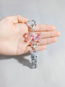 ROMWE Kawaii 3pcs/Set Pink Translucent Bow, White Faux Pearl, Grey/White/Pink Cute Rabbit Flocked Keychain Gift, Fashionable And Delicate Bag Charm, Suitable For Women's Daily Wear And Holidays Valentines