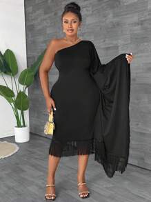Maweii Plus Size Nữ Màu Trơn Đơn Giản Trang Trí Viền Cổ Bất Đối Xứng - màu đen - Xem 1