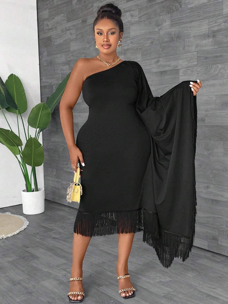 Maweii Plus Size Nữ Màu Trơn Đơn Giản Trang Trí Viền Cổ Bất Đối Xứng - màu đen - Xem 1