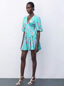 Maija Elegant Floral All-Over Print Lace Trim Deep V-Neck Teal Mini Dress For Women, Spring/Summer - Blue - View 3
