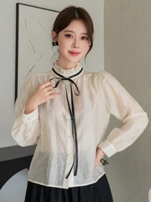DAZY Blusa elegante y encantadora de contraste de color con cuello alto, lazo, cordón y manga larga para mujer