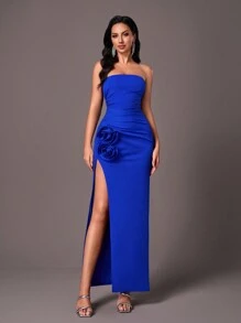 SHEIN Belle 高开叉、褶饰、露肩碎花女士派对礼服、优雅正式晚会舞会礼服，适合婚礼嘉宾、毕业典礼、晚宴 - 寶藍色 - 查看 1