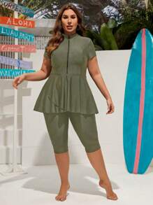 Swim Mulvari Plus Size Women's Solid Simple Casual Short Sleeve Burkini - Army Green - View 3
