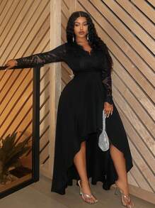Slaydiva Plus Size Màu đen thanh lịch tương phản ren dài tay áo dài thắt lưng đế chế - màu đen - Xem 6
