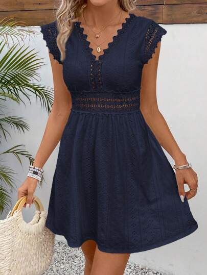 SHEIN Frenchy Women Simple Solid Color Hollow Out Jagged Edge Short Sleeve Casual Dress,Summer Dresses For Women Blue Beach Vacation Holiday Resort