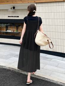 DAZY 女士纯色简约透视超长吊带裙，适合日常穿着 - 黑色 - 查看 4