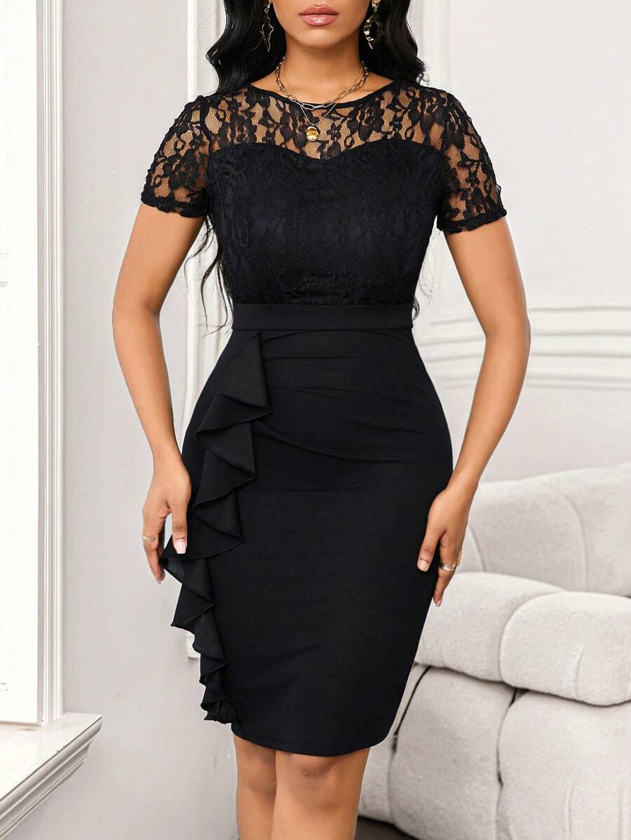 SHEIN Lady Wedding Guest Dress Lace Splicing Ruffled Women's Hip Skirt Work Party Women's Dress - Black - View 1