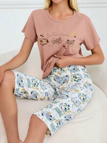 SHEIN Cottnline 2Pcs  Cute Animals Printed Shirt And Animals Printed Capri Homewear PJ Set - Baby Pink - View 3
