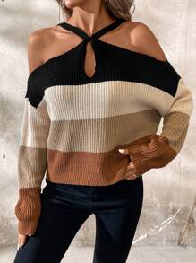 SHEIN Clasi Áo len cổ lọ sọc tương phản thường ngày, mùa xuân thu - Nhiều màu - Xem 6