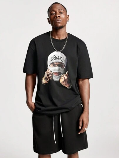 Manfinity VCAY Men's Loose Fit English Text Graphic Print Short Sleeve T-Shirt Set, Suitable For Summer