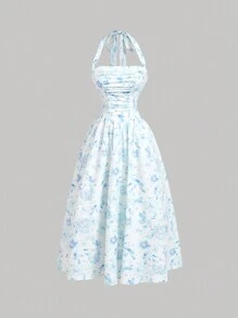 SHEIN MOD 女式水彩扎染花卉印花前系带荷叶边吊带连衣裙 - 淺藍色 - 查看 1