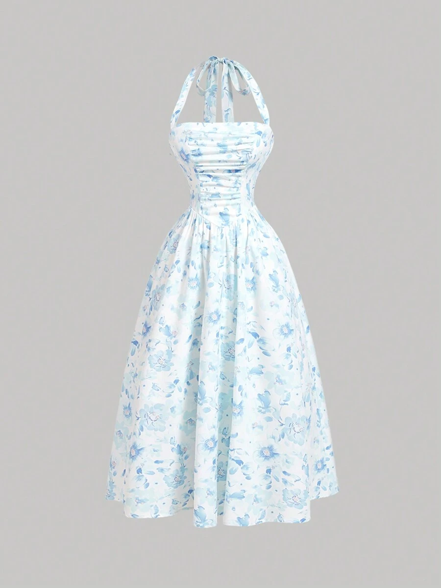 SHEIN MOD 女式水彩扎染花卉印花前系带荷叶边吊带连衣裙 - 淺藍色 - 查看 1