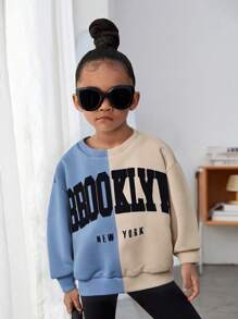 SHEIN Young Girl Colorblock Letter Slogan Graphic Round Neck Sweatshirt, Autumn / Winter - Multicolor - View 5