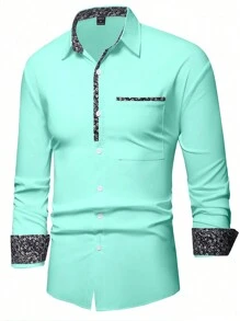 Manfinity Mode Loose Fit Men's Floral Print Button-Up Shirt, Fall, Long Sleeve Top - Blue - View 3