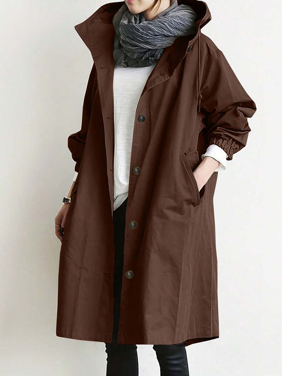 SHEIN LUNE Women's Loose Stand Collar Patch Pocket Jacket Fall Winter Cloth For Women - Coffee Brown - View 1