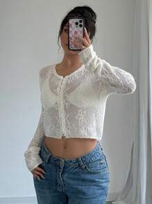 Chiquease Button Front Solid Long Sleeve  Crop Cardigan Fall Cloth For Women - White - View 5