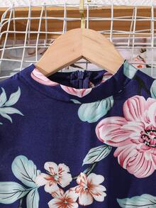 Floral Print Belted Round Neck Pleated Dress For Teen Girls - Blue - View 4