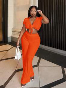 Slaydiva Ensemble de body à col polo décontracté et manches courtes avec nœud à l'avant et pantalon droit - B - Orange - Voir 3