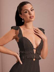 SHEIN BAE Sexy Hollow-Out Crochet Texture White Ruffled Flare Sleeve Backless Tie Waist Elegant Mermaid Dress