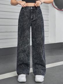 SHEIN Explorewe Teen Girl Y2K Casual Vintage Street Distressed Flared Jeans - Black - View 5