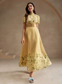 Anewsta 2 件套女士浪漫花卉印花圆领泡泡袖衬衫和紧身裙套装适合假期 - 黃色 - 查看 6