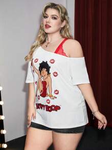 Betty Boop | ROMWE Plus Size Cartoon Character And Lips Printed Contrast Lace Asymmetrical Shoulder T-Shirt, Summer