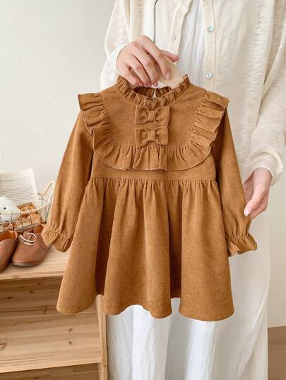 SHEIN LMoss Kids LMoss Baby Girl's Cute Corduroy Dress With Bowknot And Ruffle Hem, Autumn/Winter