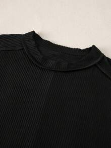 Acelitt 夏季休闲纯色宽松针织条纹圆领短袖T恤 - 黑色 - 查看 7