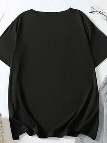 Flirla Plus Size Qutie Cartoon Bear And Letter Graphic Tee - Black - View 2