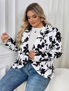 SHEIN CURVE+ 加大花卉印花披肩领开襟夹克 - 黑與白 - 查看 4
