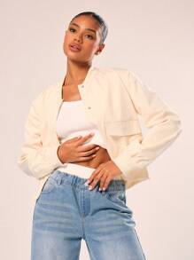 MUSERA Áo khoác bomber crop có túi - Màu be - Xem 1