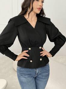 Modelyn Women's Solid Color Simple Daily Button Decorated V-Neck Long Sleeve Blouse
