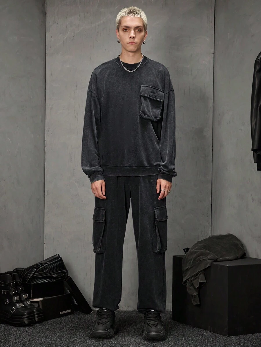 Manfinity VCAY 2pcs Men's Casual Round Neck Long Sleeve Knitted Sweatsuit Set, Suitable For Spring & Autumn, For Fall Winter - Black - View 1