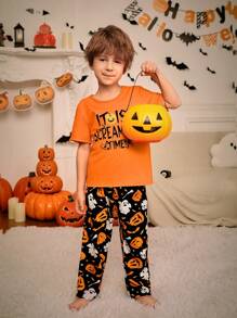 SHEIN 3 Piece Young Boy Letter & Pumpkin Print Short Sleeve Straight Leg Knit Flame Retardant Pajama Set, Daddy And Me Matching Outfits (Sold Separately) - Multicolor - View 5