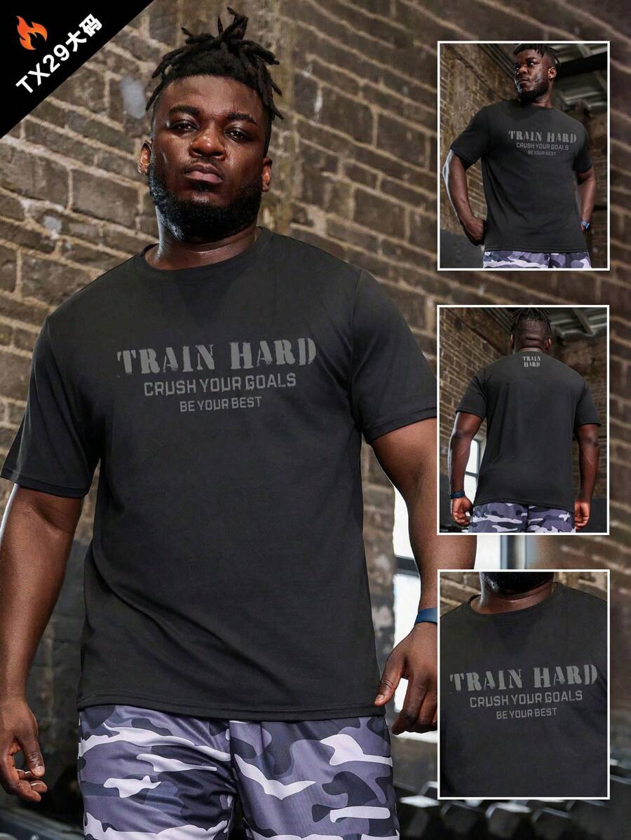 Gym Rark Men's Plus Size Letter Pattern Top Compression Shirt Men - Black - View 1
